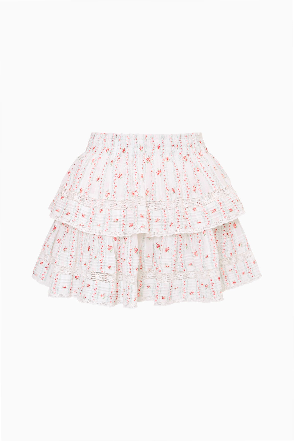 Tiered ruffle mini skirt with red cherry stripe print