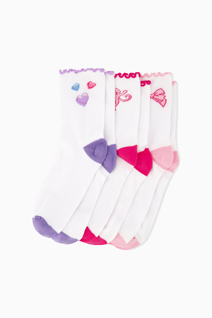 Heart-print ruffle socks, white with pink and purple accents