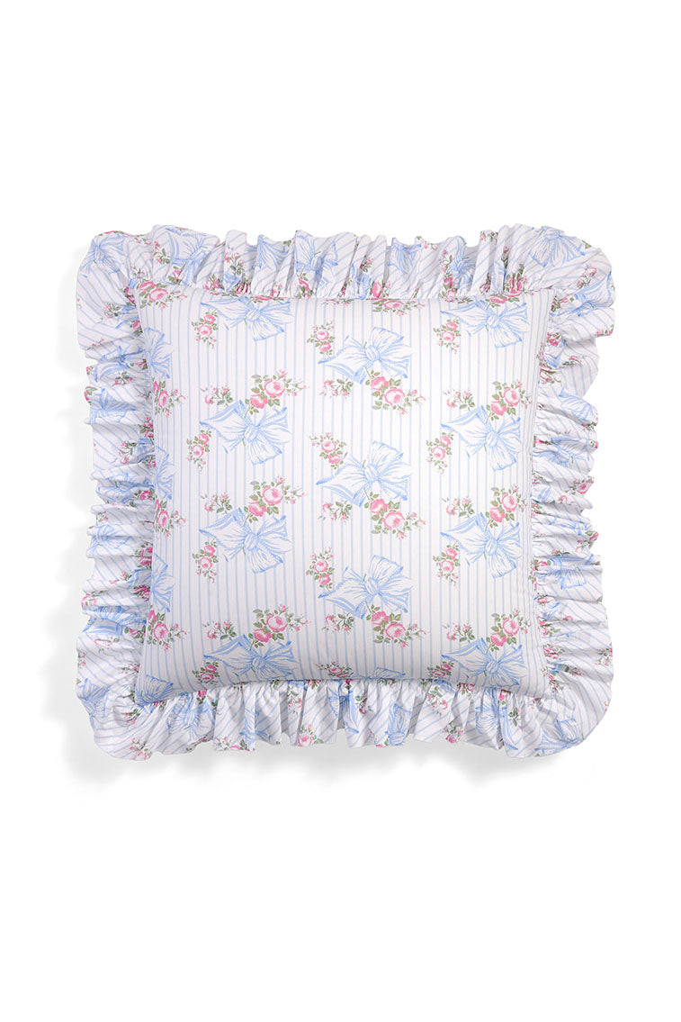 Light blue floral ruffle throw pillow, square with gathered edge trim and textured fabric