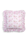Pink floral ruffle throw pillow, square with gathered ruffled trim and stitched border