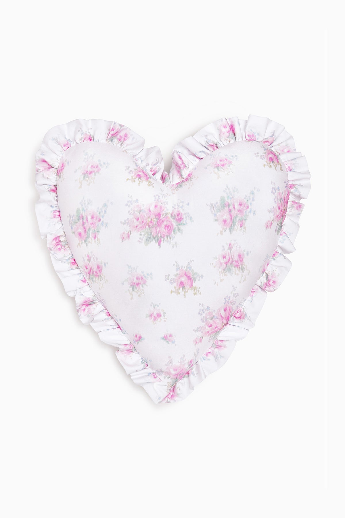 Pink ruffle heart pillow with floral pattern and frilled edges