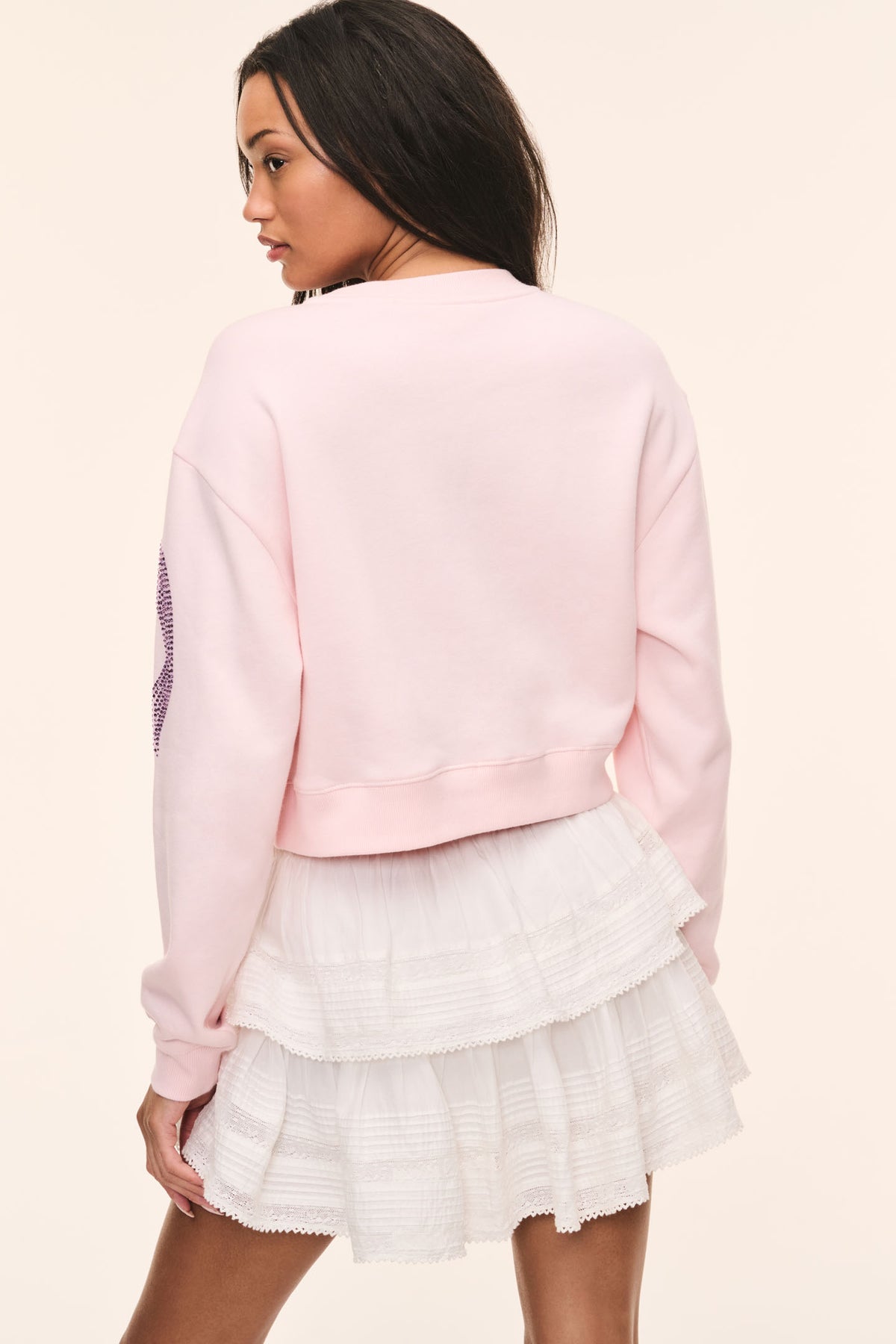 Primrose pink long-sleeve pullover sweater with ribbed crew neck and hem