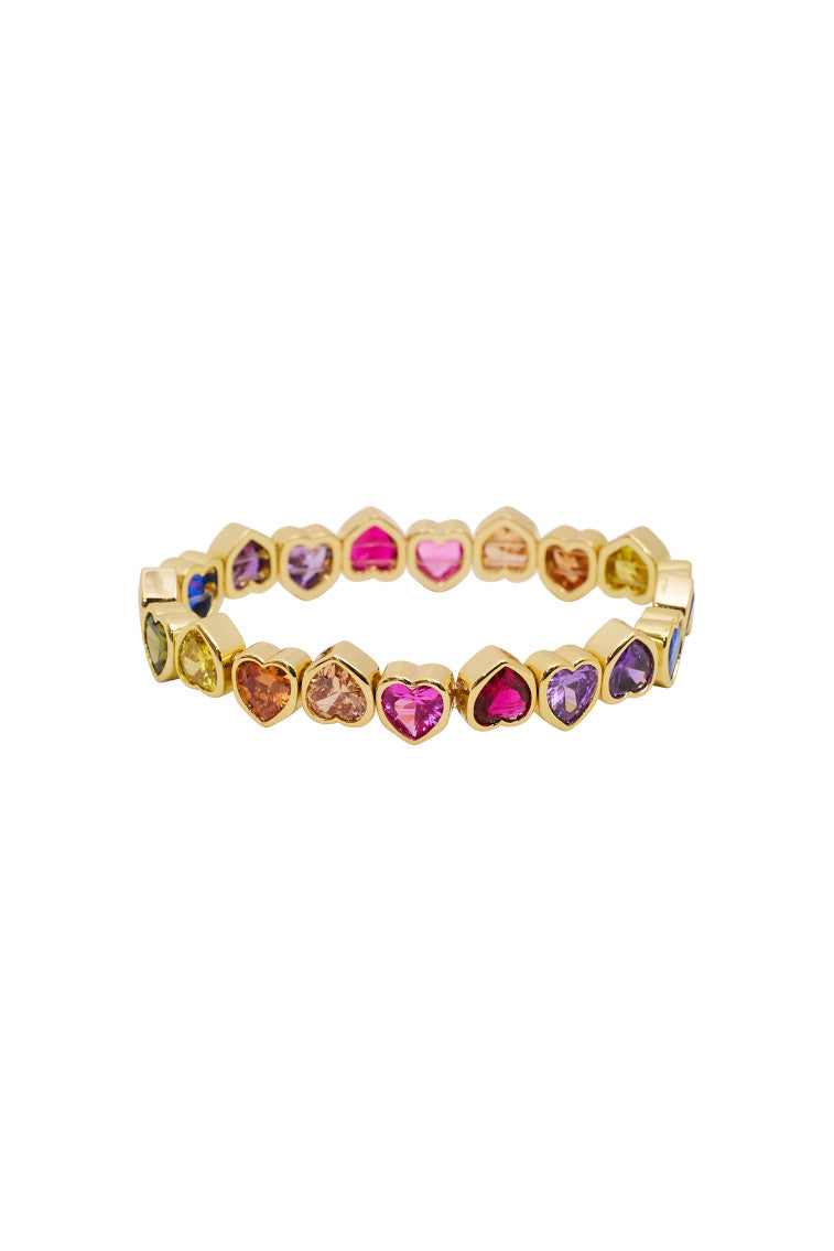 Gold-tone stretch bracelet with multi-color heart-shaped stones