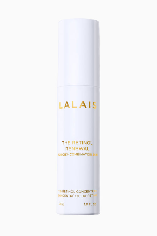 LALAI's retinol renewal serum bottle, white label on light-colored container.