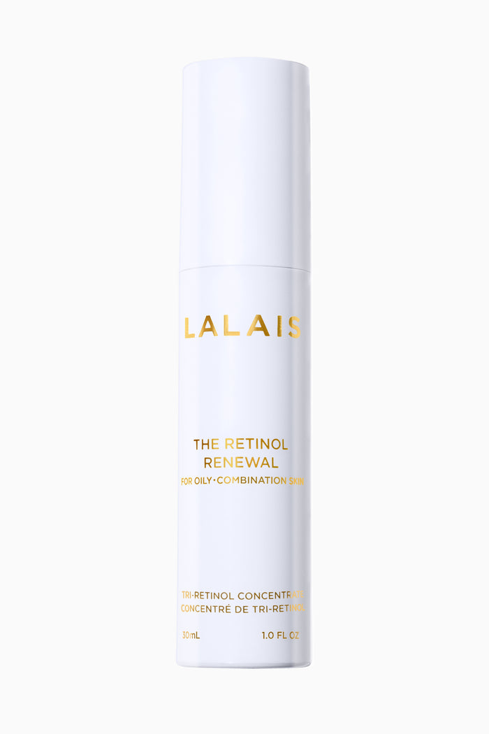 LALAI's retinol renewal serum bottle, white label on light-colored container.