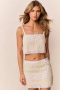 Lemon cotton Victorian mini skirt with lace-edged hem and tie waist ribbon