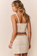 Lemon cotton Victorian mini skirt, sheer panels with lace hem and back ties