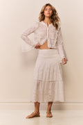 Pale lilac cotton eyelet tiered midi skirt with elastic waist and eyelet trim