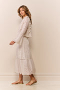Pale lilac cotton eyelet tiered midi skirt with vertical pintuck bands