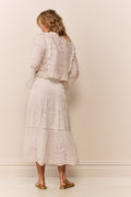 Pale lilac cotton eyelet tiered midi skirt with elastic waistband