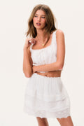 White cotton Victorian mini skirt, sleeveless top look; tiered ruffle hem, lace trim