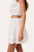 White cotton Victorian mini skirt with soft pleats, lace hem and elastic waistband