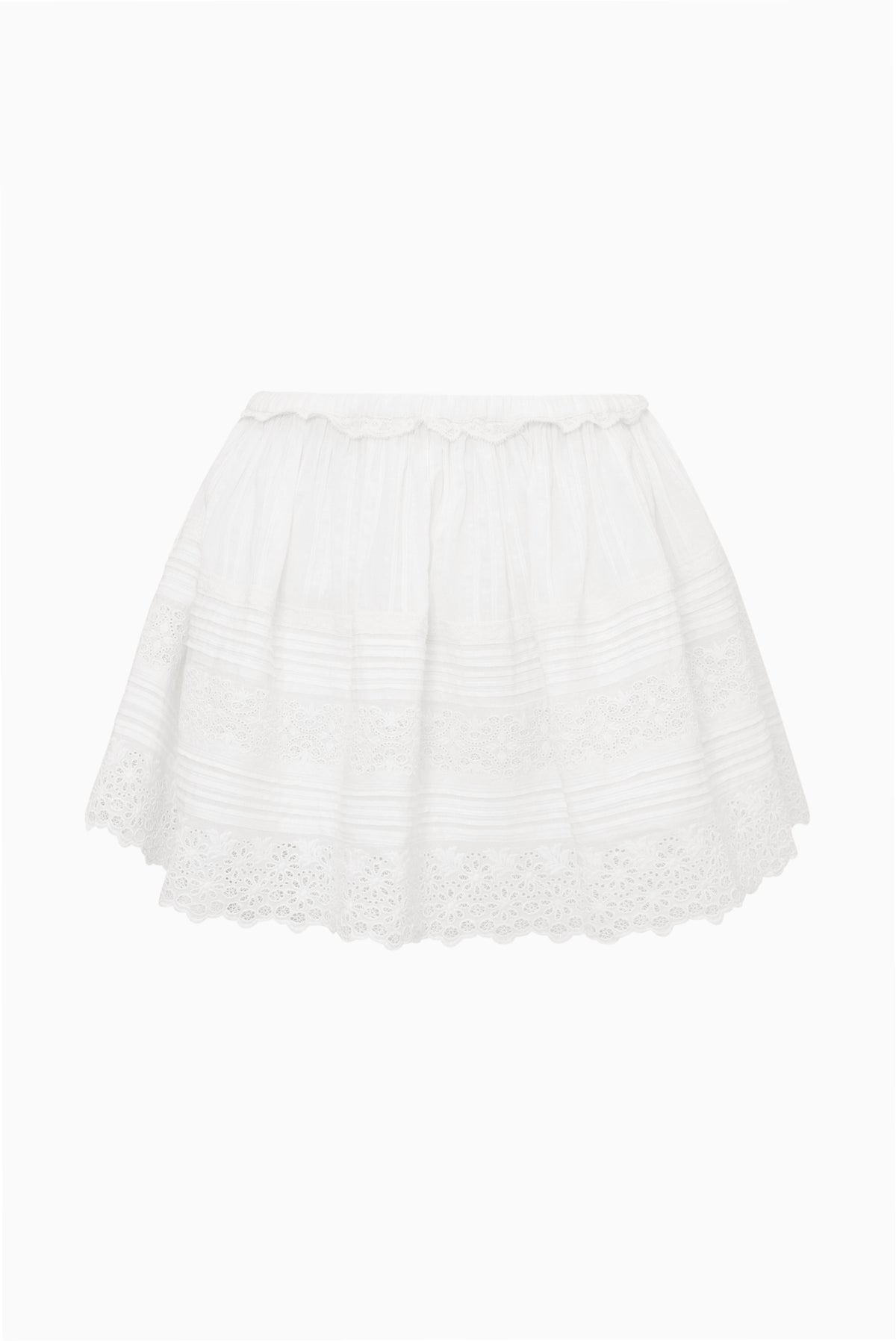 White cotton Victorian mini skirt on mannequin; tiered ruffles and lace-trim hem