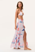 Patchwork print maxi skirt with side slit and elastic waist, red white blue