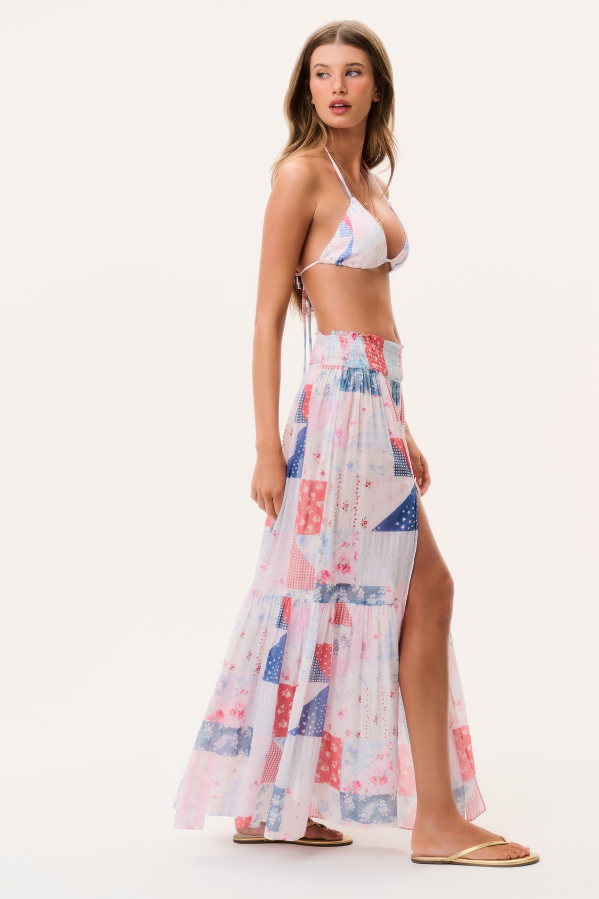 Patchwork print maxi skirt with side slit and elastic waist, red white blue