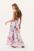 Tiered patchwork maxi skirt with side slit, red white and blue patches