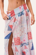Smocked elastic waistband patchwork maxi skirt with side slit, red white blue