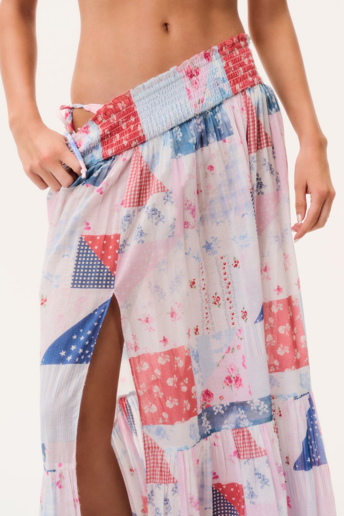 Smocked elastic waistband patchwork maxi skirt with side slit, red white blue