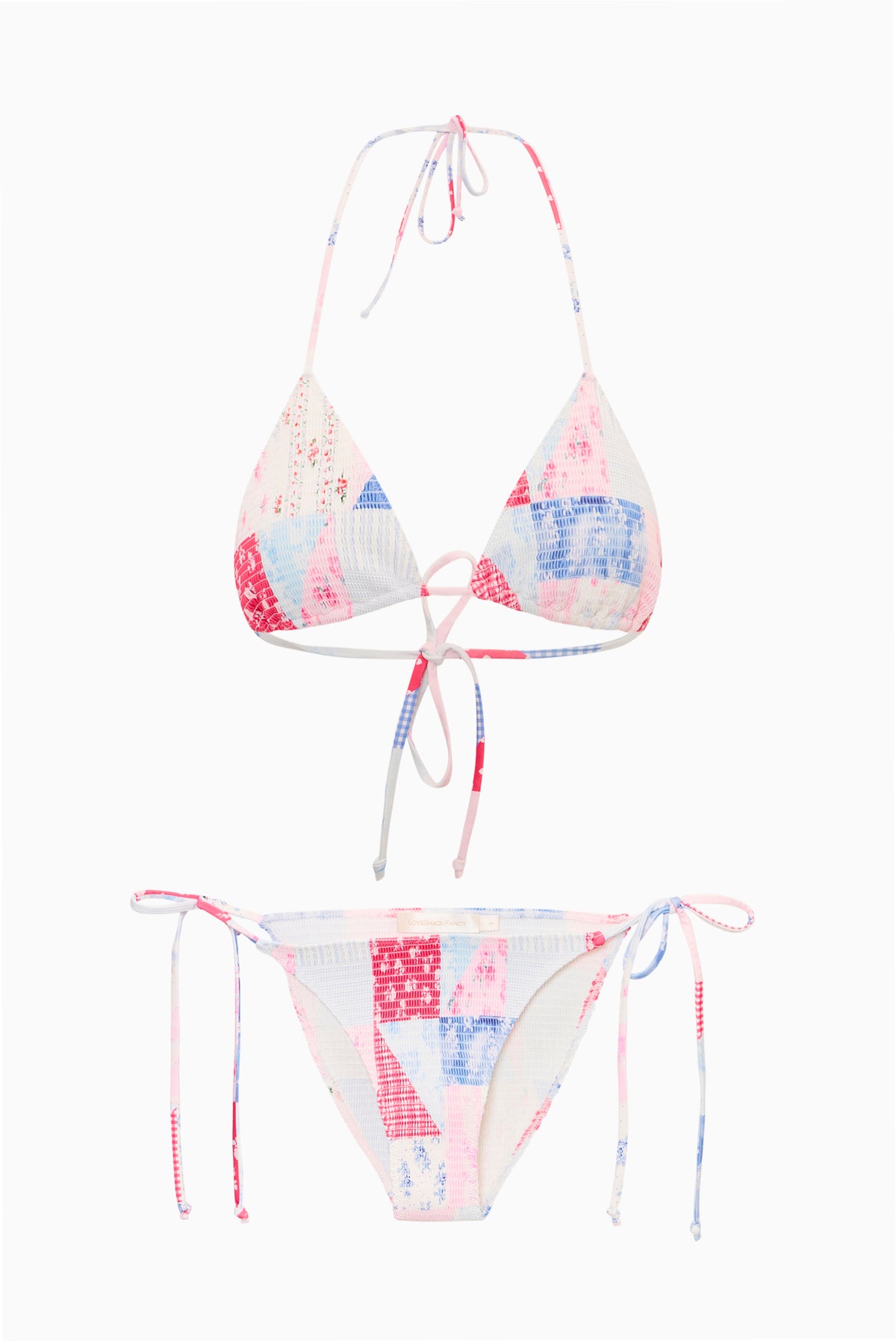 Patchwork triangle bikini set with string ties, halter top and briefs