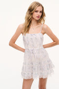 Floral lace mini dress in light blue and white, front tiered ruffles and spaghetti straps