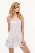 Floral lace mini dress in light blue and white, side view with layered ruffle skirt