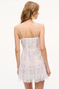 Floral lace mini dress in light blue and white, lace-trim back and spaghetti straps