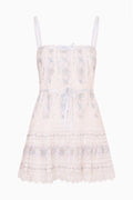 Floral lace mini dress in light blue and white, sleeveless with lace-trim neckline and hem