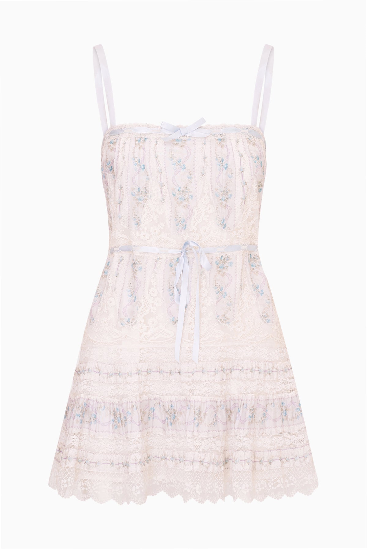 Floral lace mini dress in light blue and white, sleeveless with lace-trim neckline and hem