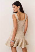 Honey gold sequined mini dress, square back, sleeveless, flared skirt