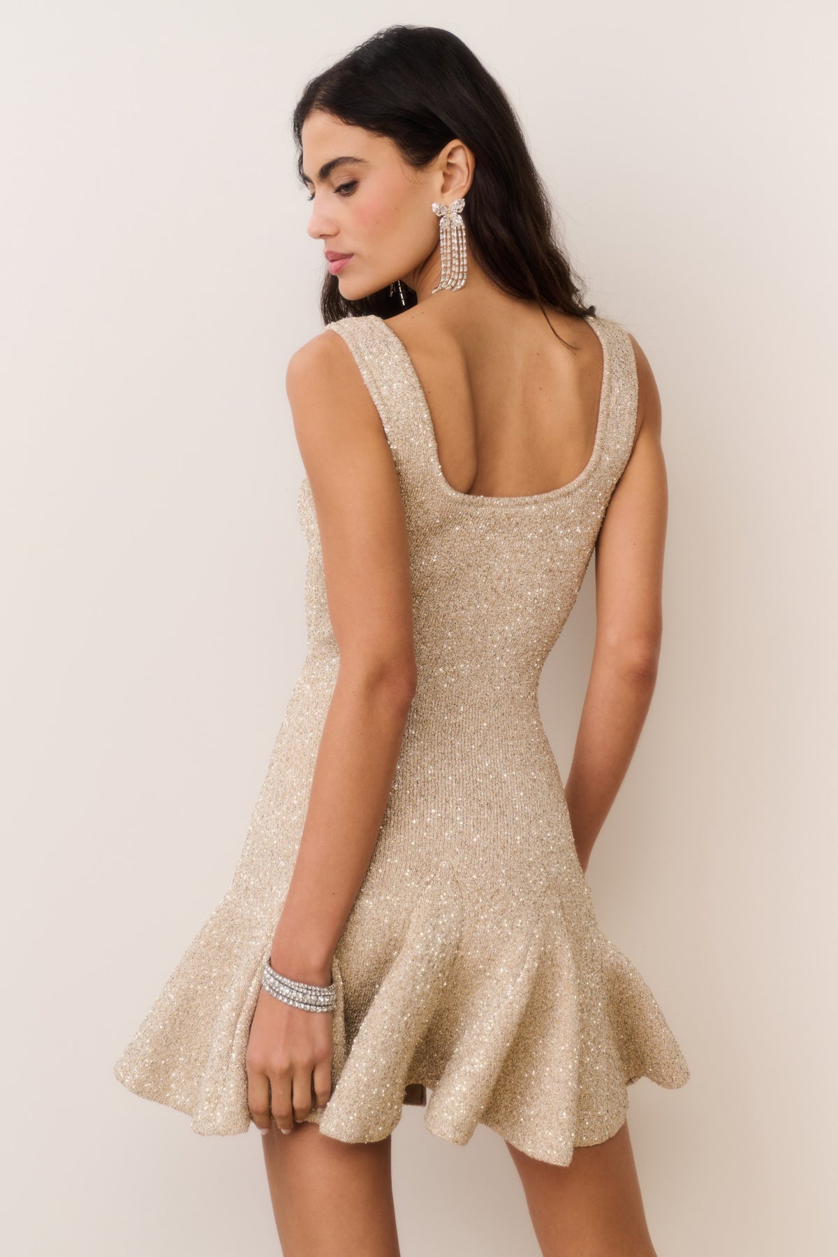 Honey gold sequined mini dress, square back, sleeveless, flared skirt