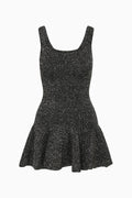 Black sequined mini dress, sleeveless square neckline, flared skirt hem