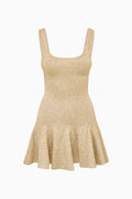 Honey gold sequined mini dress, square neckline, sleeveless, flared skirt hem