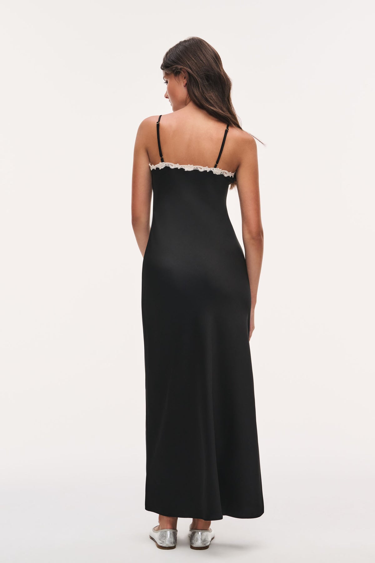 Black maxi slip dress with lace-trim spaghetti straps