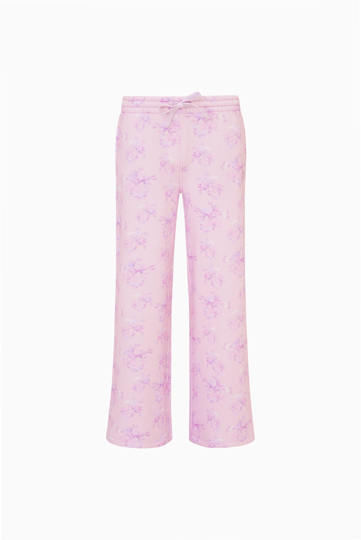 Tween mauve floral print sweatpants, front view, elastic waistband and straight legs