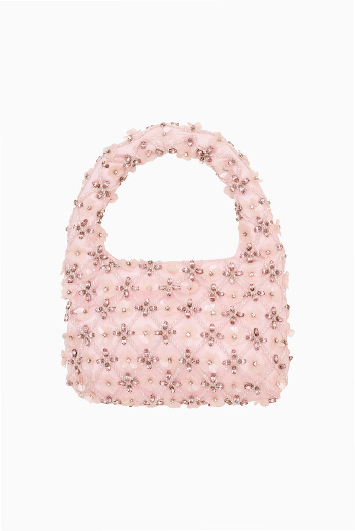 Floral embellished mini purse in petal pink with beaded handle