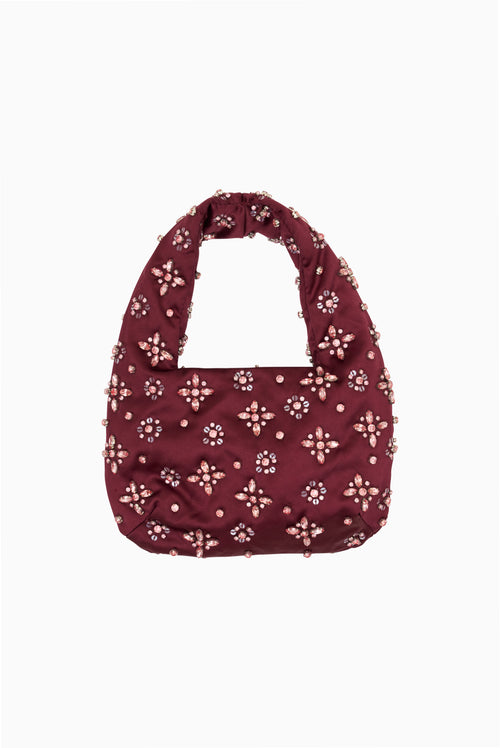 Dark merlot satin mini purse with rhinestone floral embellishments