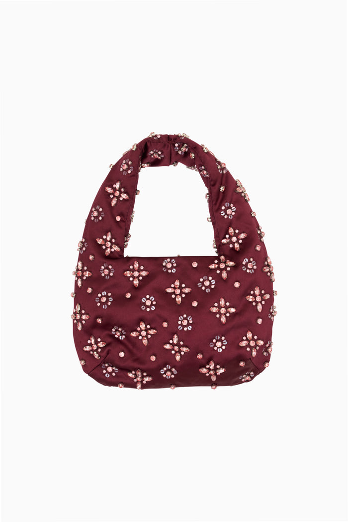 Dark merlot satin mini purse with rhinestone floral embellishments
