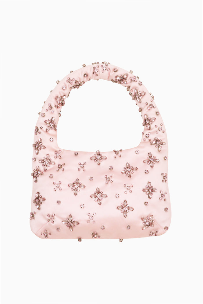 Pink satin mini purse with rhinestone floral embellishments