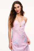 Satin maxi dress bodice with scalloped lace trim and blue floral print, spaghetti straps