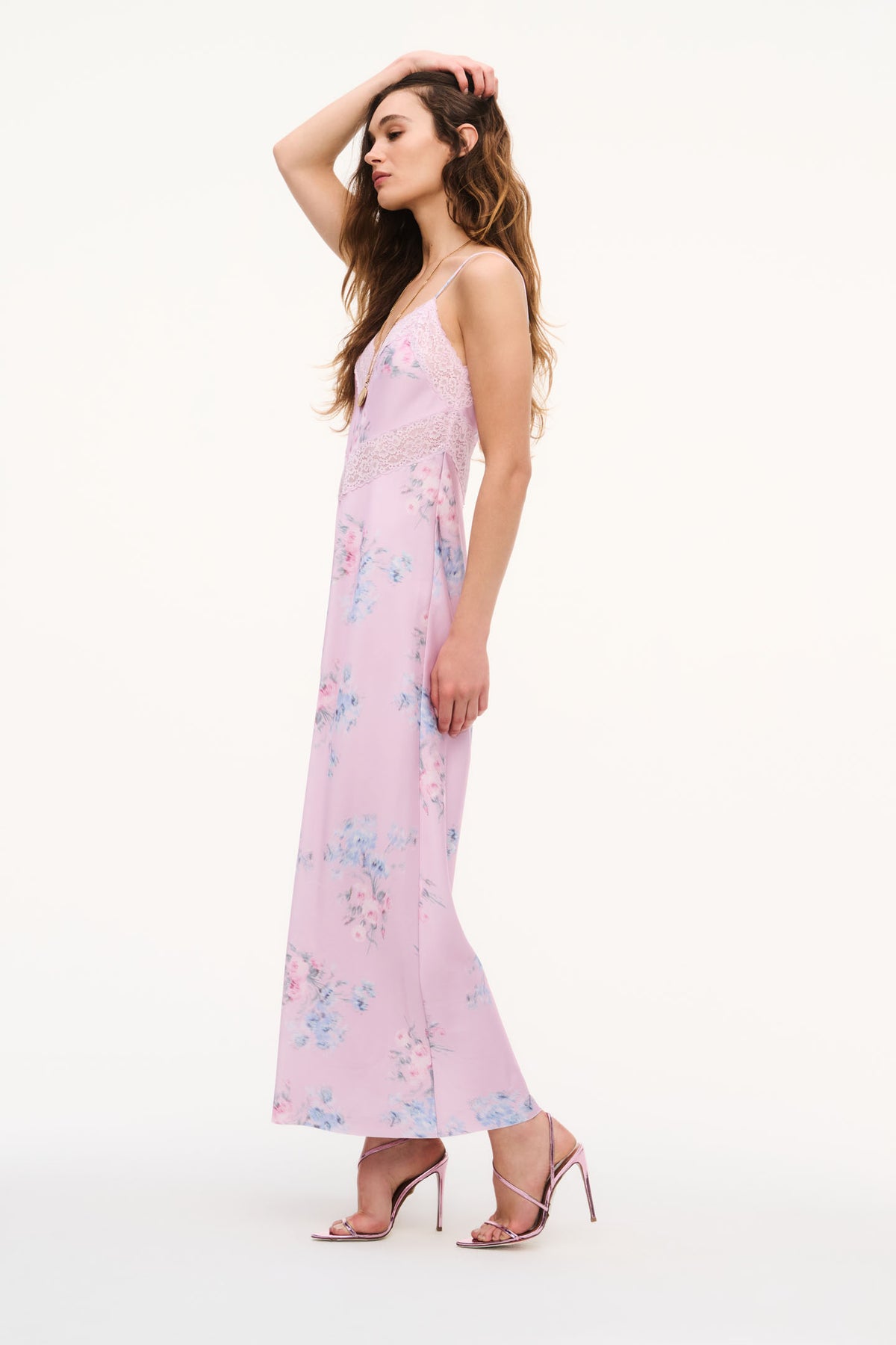Buffed rose satin maxi dress with lace-trim V-neck and blue floral print, spaghetti straps