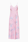 Satin maxi dress with spaghetti straps, lace trim, buffed rose floral print