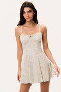 Floral mini sundress with spaghetti straps and fitted bodice, flared skirt