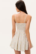 Back view: floral mini sundress with spaghetti straps and V-shaped back
