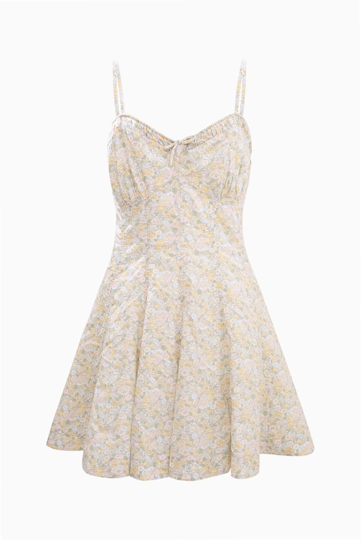 Floral mini sundress with spaghetti straps and flared skirt, gathered waist