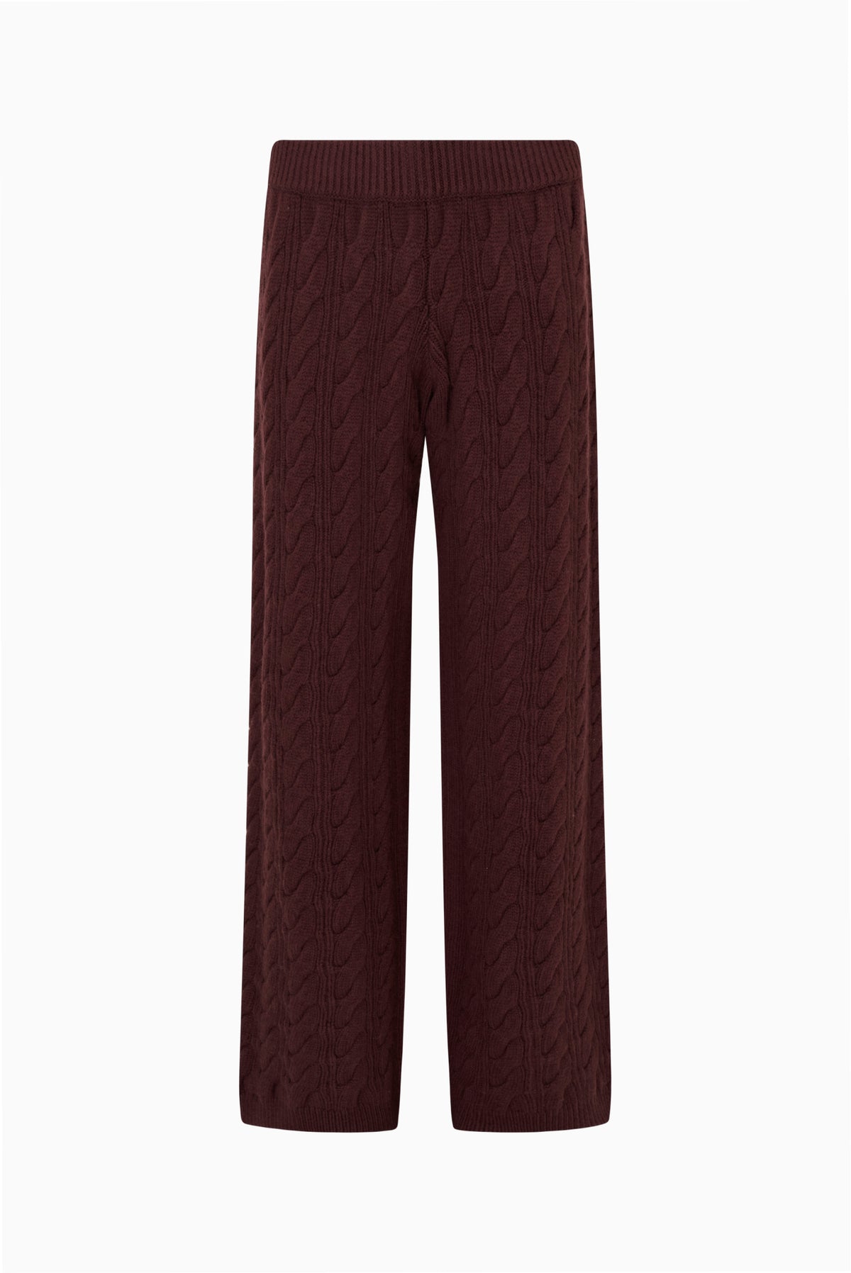 Burgundy knit tween pants with elastic waist, textured cable pattern