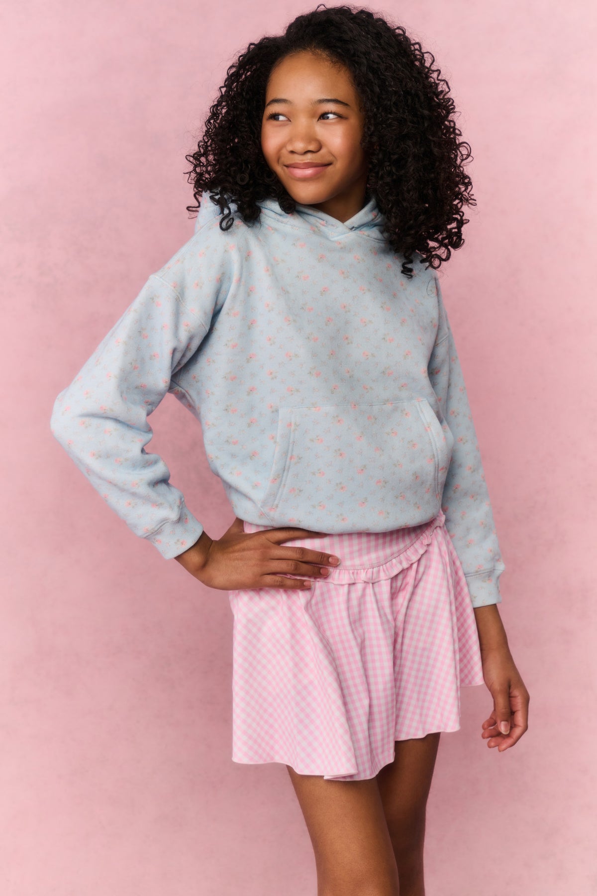 Pink gingham active skort with elastic waist and flared layered skirt