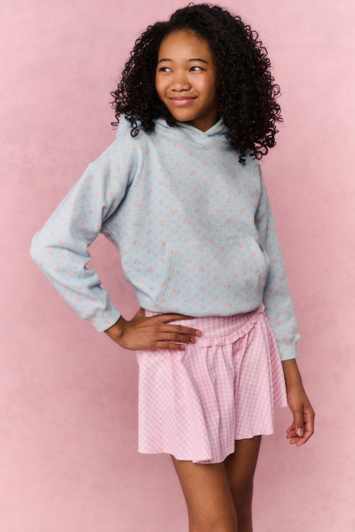 Pink gingham active skort with elastic waist and flared layered skirt