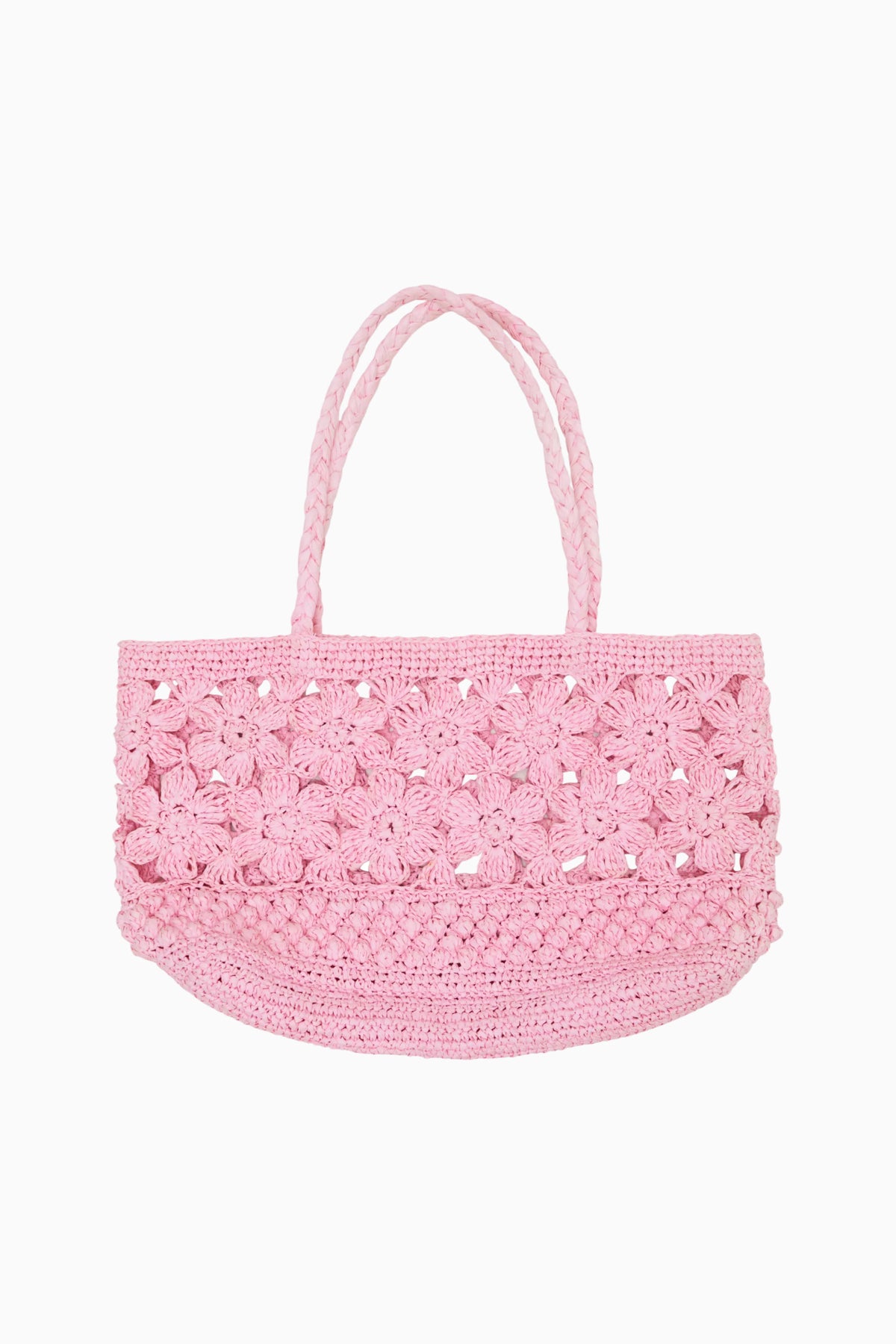 Pink straw tote bag with floral lace crochet top panel and braided handles