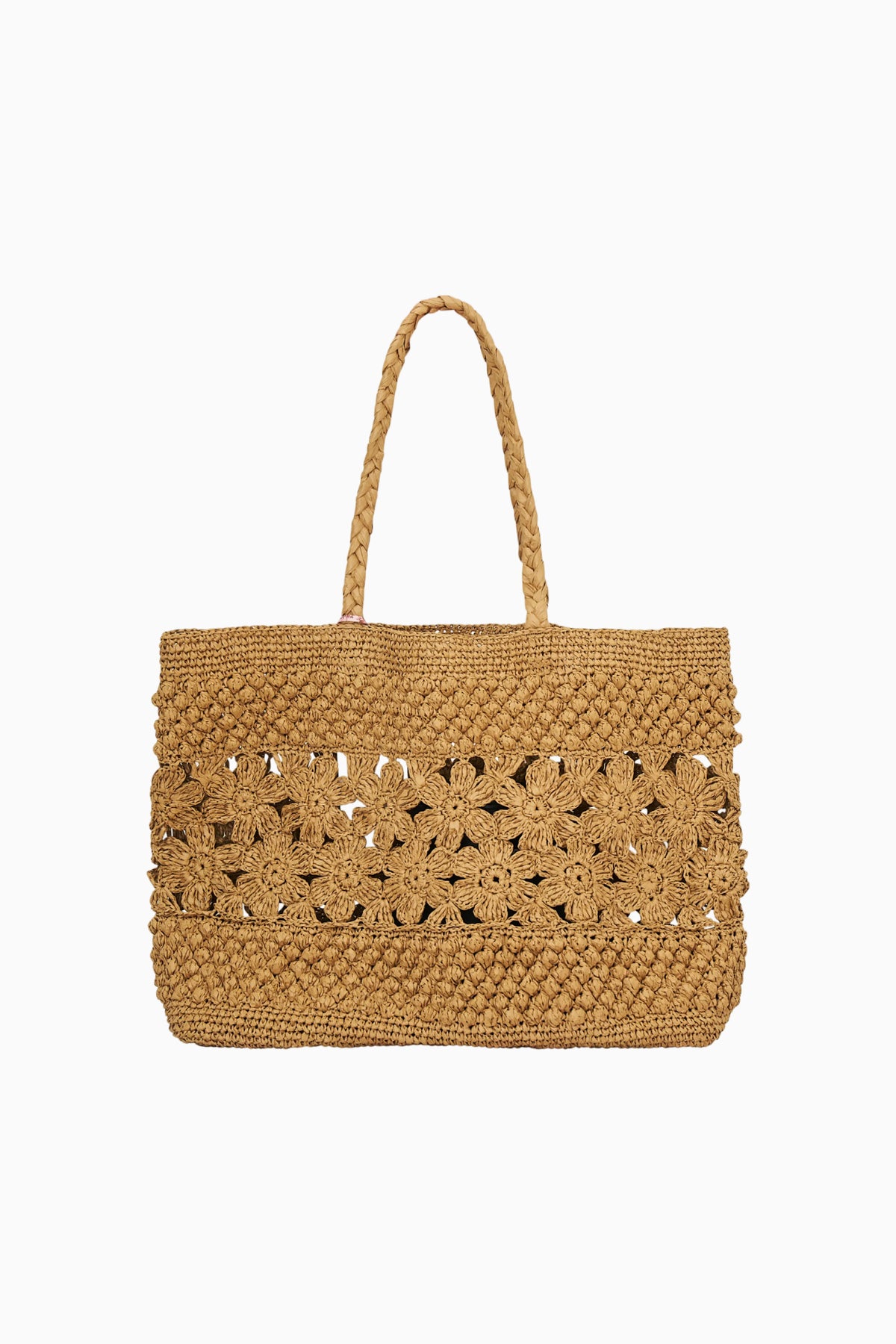 Tan straw tote bag with floral lace crochet panel and braided handles