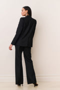 Black wool-blend blazer, straight tailored fit, back view with bow details